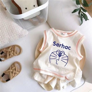 Mùa Hè Phong Cách Mới Bé Trai Bé Gái Dễ Thương Áo Vest Không Tay Phù Hợp Với Bé Hoạt Hình In Màu Sắc Tương Phản Quần Short Thể Thao Hai Mảnh Phù Hợp Với