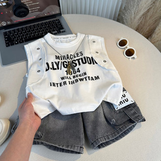 Bộ đồ bé trai mùa hè cá tính - Áo ba lỗ in chữ + quần short jean phong cách Hàn Quốc