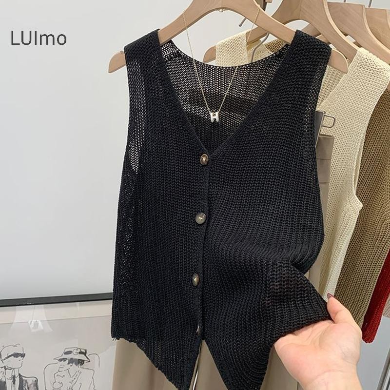 Áo Vest Nữ Mùa Hè Hàn Quốc, Bằng Cotton và Vải Lanh, Cổ Chữ V, Màu Trơn