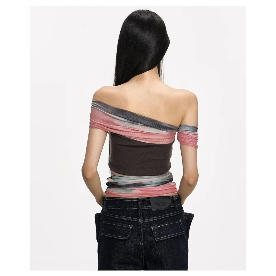 Milyfashion Gradient Color Tie-Dye In gạc Áo thun ngắn tay mùa hè Pure Desire Một vai ngắn