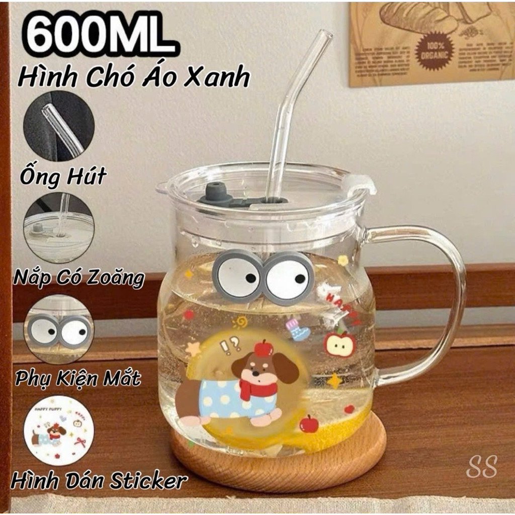Cốc Thuỷ Tinh Hình đôi mắt Dung Tích 600ML Tặng Kèm Ống Hút THUỶ TINH