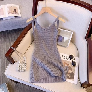 Pure Desire Style Hot Girl Sling Dress - Váy ngắn dệt kim trắng sang trọng, phù hợp đi biển