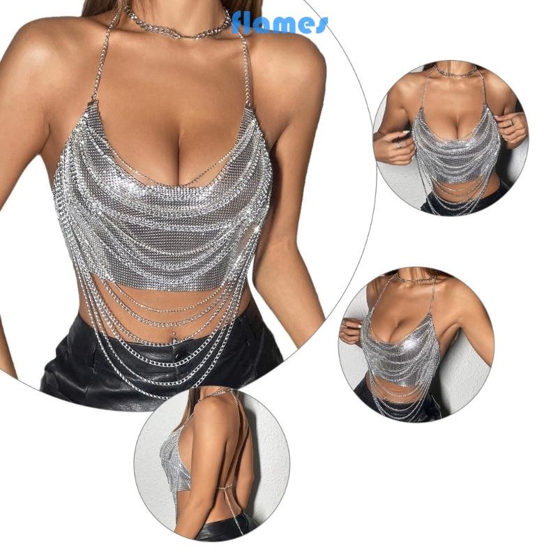 Camisole Halterneck Nữ Bạc Sa Lấp Lánh, Dây Xích Kim Loại, Phù Hợp Tiệc Hộp Đêm