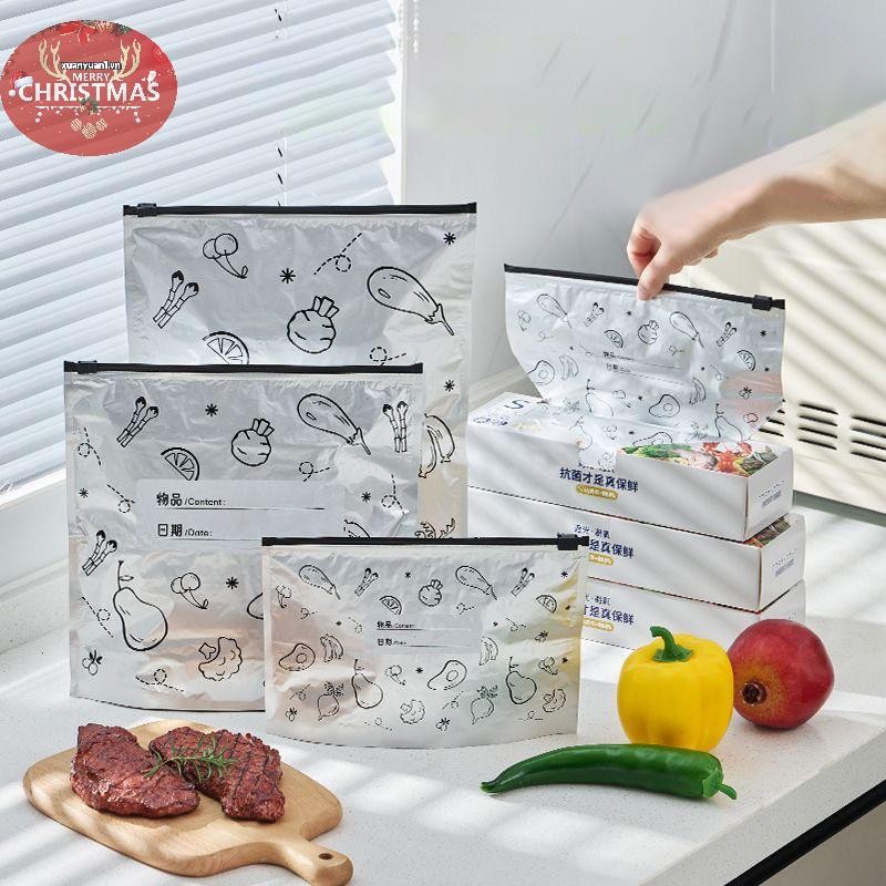 XUAN 10 Cái / túi Túi Túi Đựng Thực Phẩm Lá Nhôm Dung Tích Lớn Chống Rò Rỉ Tủ Đông An Toàn Nhà Bếp Túi Tươi Giữ Tươi Túi Khóa Zip Có Thể Tái Sử Dụng VN