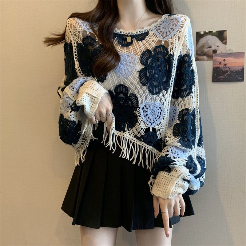 Áo dệt kim móc cổ chữ V kiểu Pháp mỏng nhẹ