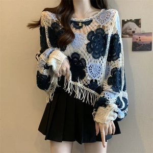 Áo dệt kim móc cổ chữ V kiểu Pháp mỏng nhẹ