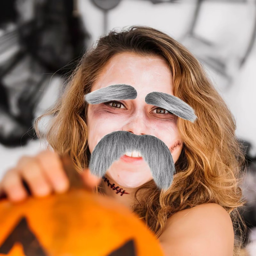 Bộ dụng cụ hóa trang cosplay bao gồm lông mày giả, ria mép và tóc mặt, phù hợp cho bữa tiệc Halloween