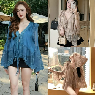 áo tơ bèo phối ren ống tay mềm mại form cổ V tiểu thư sang chảnh đi chơi đi biển du lịch