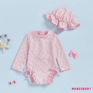 MG-Toddler Girl Eyelet Đồ bơi dài tay cổ tròn Xù Bộ đồ tắm có mũ bơi Bộ 2 chiếc
