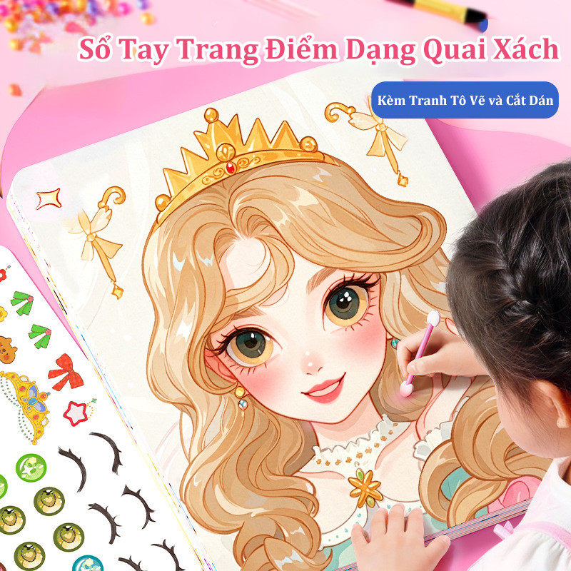 Sổ Tay Trang Điểm Dạng Quai Xách Kèm Tranh Tô Vẽ và Cắt Dán đồ chơi trang điểm thật cho bé