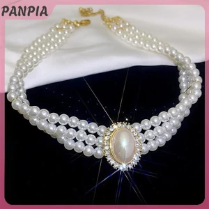 PNPIA-Pháp Retro Hương Thơm Nhỏ Ba Lớp Ngọc Trai Vòng Cổ Flash Ngọc Trai Váy Cưới Xương Đòn Dây Xích Nữ Cổ