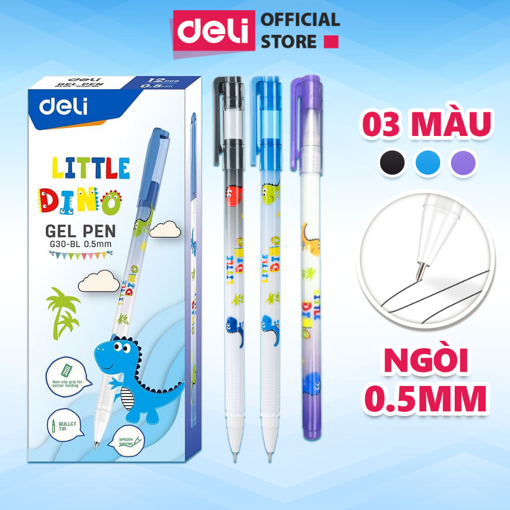 [QUÀ TẶNG] HỘP 12 Bút bi nước học sinh mực gel xanh đen 0.5mm Deli họa tiết khủng long nhanh khô