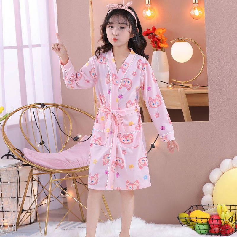 Trẻ Em Váy Ngủ Xuân Thu Hè Dài Tay Bé Gái Mỏng Áo Tắm Cotton Nguyên Chất Bộ Đồ Ngủ Trẻ Em Áo Bơi Hot Spring Hotel