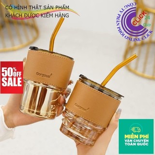 [XẢ]Ly thủy tinh 450ml bao da có nắp và ống hút thủy tinh xịn xò⌛Hoa Mười Giờ Bonsai & Phụ Kiện