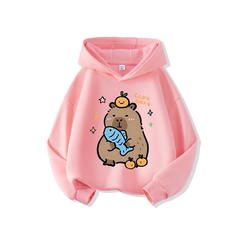 Áo khoác có mũ trùm đầu cho bé gái phong cách Hàn Quốc mới 2024 áo tay dài in hình capybara thời trang và đơn giản