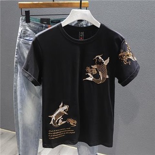 Áo thun thêu cá chép Nam Dạo Phố Phong Cách Trung Hoa Thời Trang Độc Đáo dáng rộng Thường Ngày Tay Ngắn Hơi Rời Top Quốc Gia Hợp Thời Trang VG16