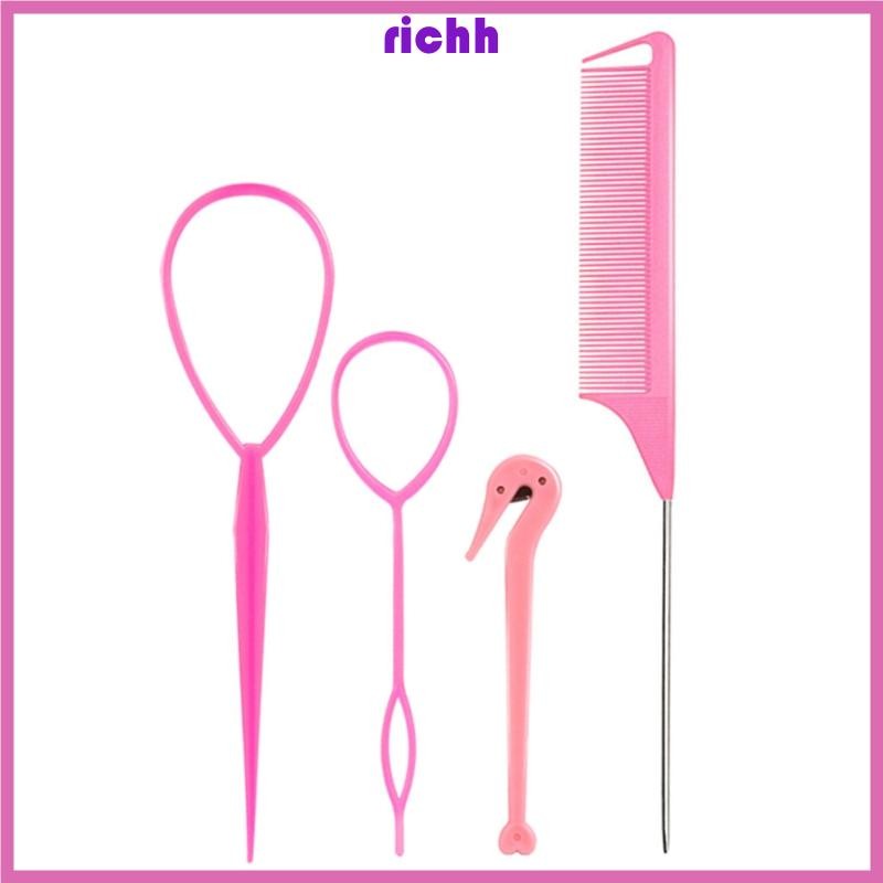 ⚝⚝Richh 4 Dây Buộc Tóc Tẩy Cắt Kim Loại Đuôi Lược Pháp Bím Tóc Dụng Cụ Tạo Kiểu Tóc