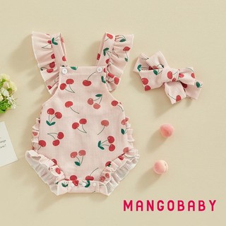 Mg-baby Girls Romper Body và Băng Đô Dâu / Hoa / Anh Đào In Bay Tay Frills Trẻ Sơ Sinh Áo liền quần Quần Áo Mùa Hè