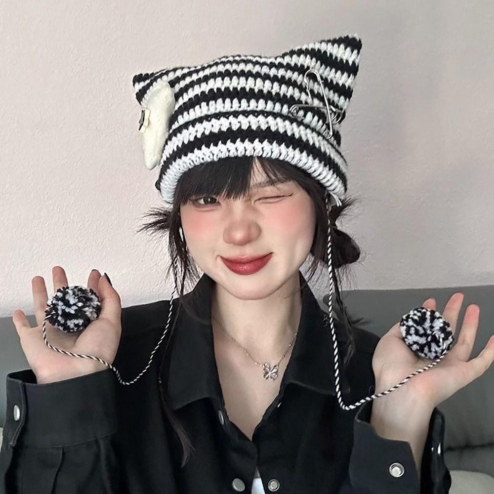 GOODH Y2K Mũ Beanie và Quỷ Horn Hat ngôi sao sọc, móc tai mèo, phù hợp mùa thu đông