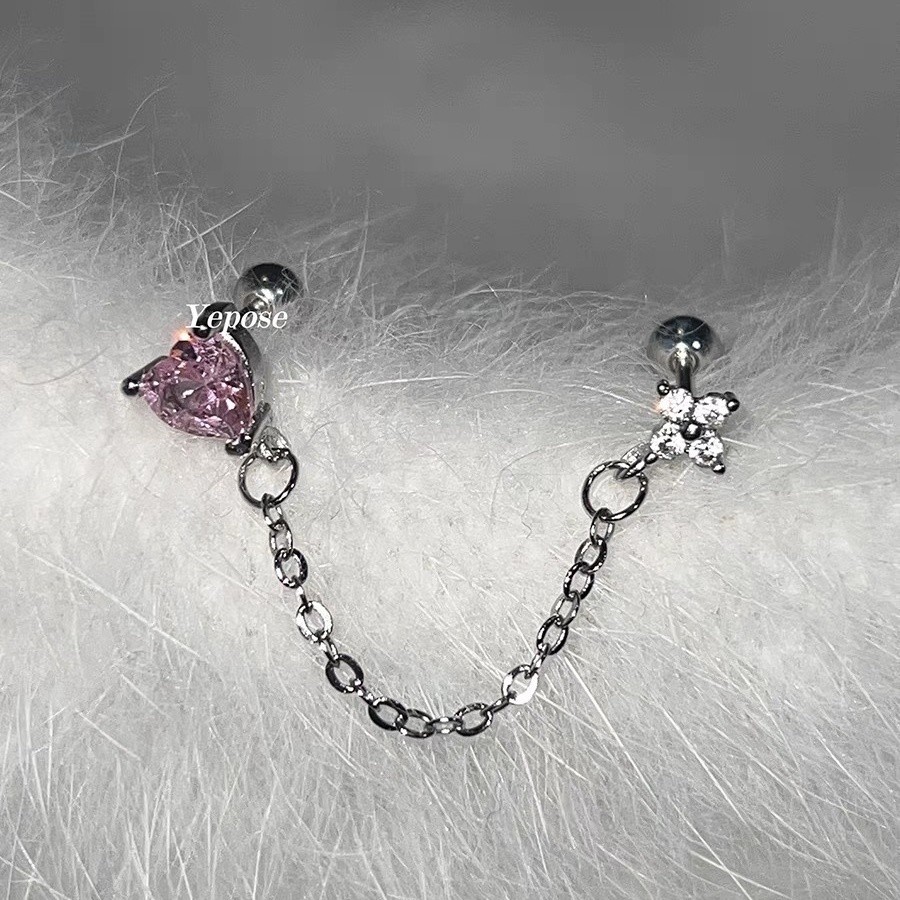 Đôi lỗ tai chuỗi xương tai màu hồng tình yêu Zircon đinh xương bằng thép Titan xoắn ốc thiết kế cảm giác bông tai thích hợp Bông tai