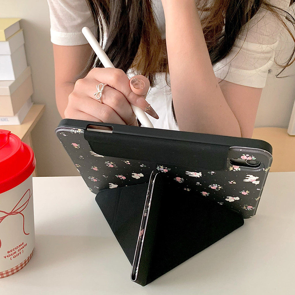 Vỏ Có Thể Tháo Rời Cho Mini6 Mini7 A17Pro iPad 5 6 7 8 9 10th 11th A16 Air4 Air5 Air6 Pro11 Pro12,9 2018 Air M2 Pro M4 11 13 2024 Vỏ Da Họa Tiết Hoa Đen Khe Cắm Bút Chì