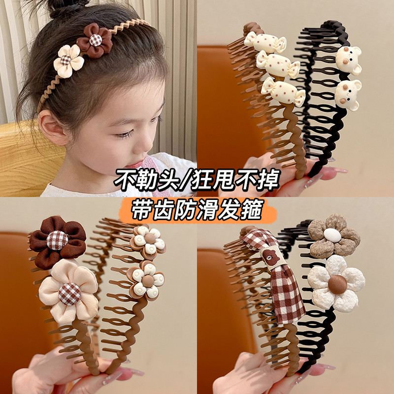 Trẻ Em Màu Nâu Dễ Thương Hoa Đầu Bé Gái Răng Chống Trơn Trượt Băng Đô Quấn Tóc Phụ Kiện Tóc