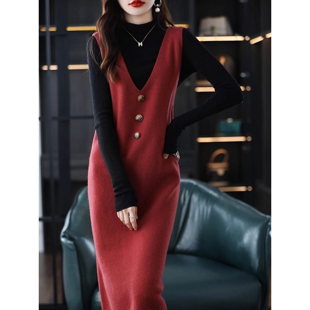 Váy Vest dài vừa phải Váy Vest nữ Váy len dệt kim không tay cổ chữ V Váy phù hợp.