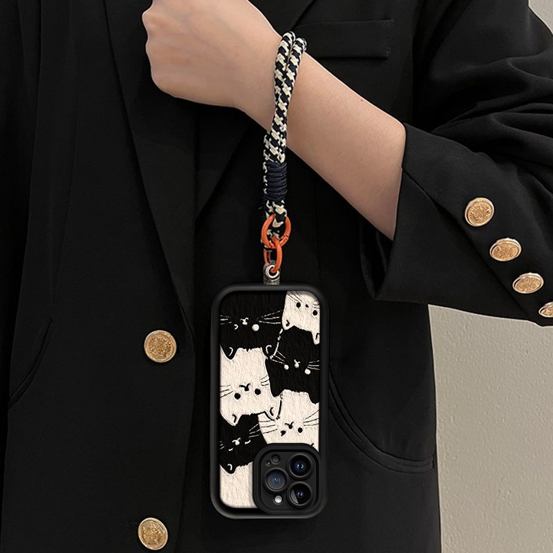 Ốp Điện Thoại Mèo Trắng Đen ins Style Cho Redmi Note 14C A5 14 Pro + 14S 14R Turbo 4 K80 K70 Pro Xiaomi Poco X7 Pro 4G 5G Vỏ Mềm Ốp Lưng Chống Sốc Có Dây Buộc Bện