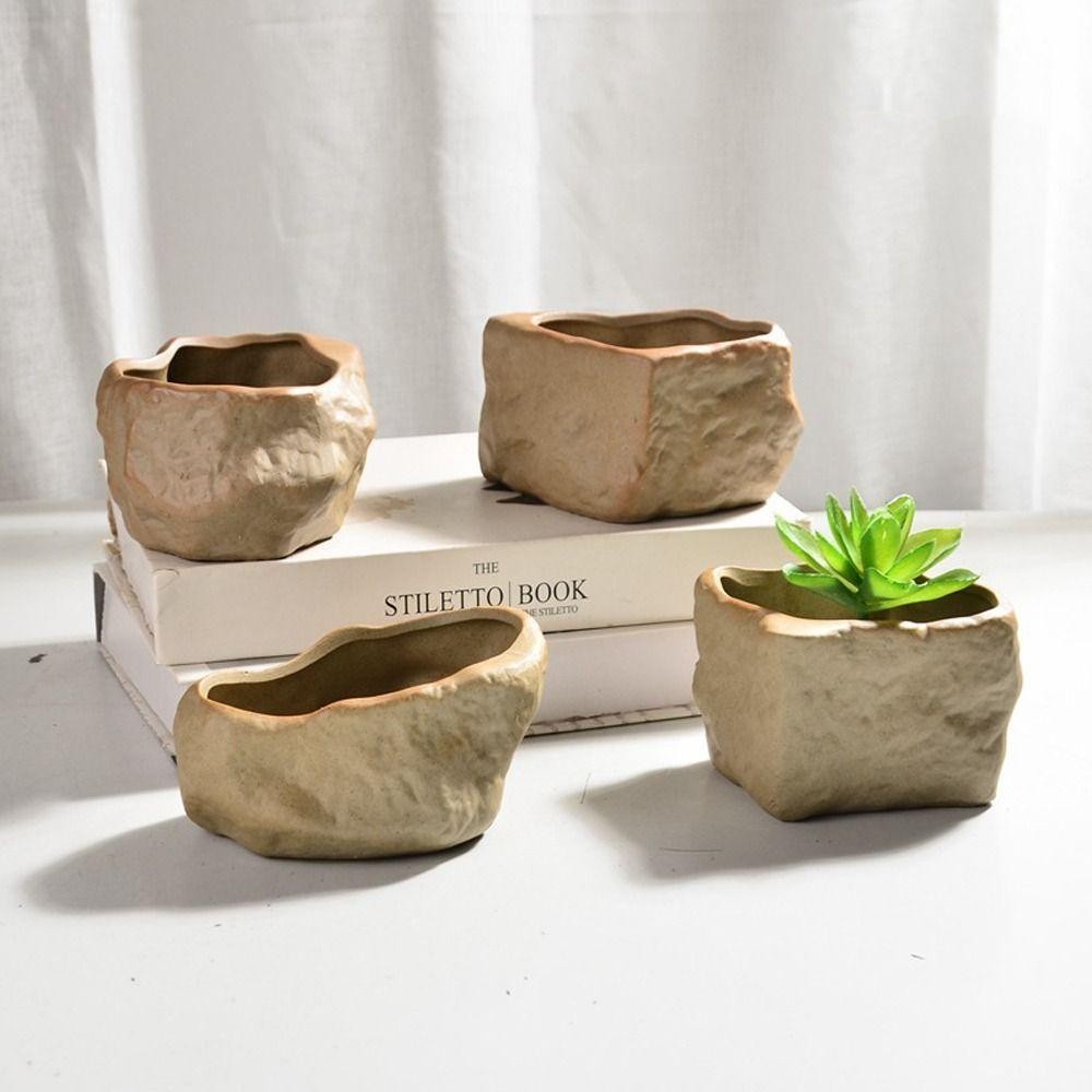 Chậu cây mọng nước DAYONE, có lỗ thoát nước Hình dạng đá Chậu hoa thực vật, Gốm sứ Mini chống mài mòn Cây trồng Hộp đựng trang trí nhà cửa