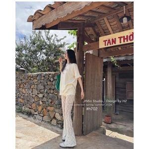 Set áo cotton cao cấp in nơ phối quần ren ống loe slay sang chảnh dành cho nữ mặc đi chơi du lịch xịn - Baotrang.clothes