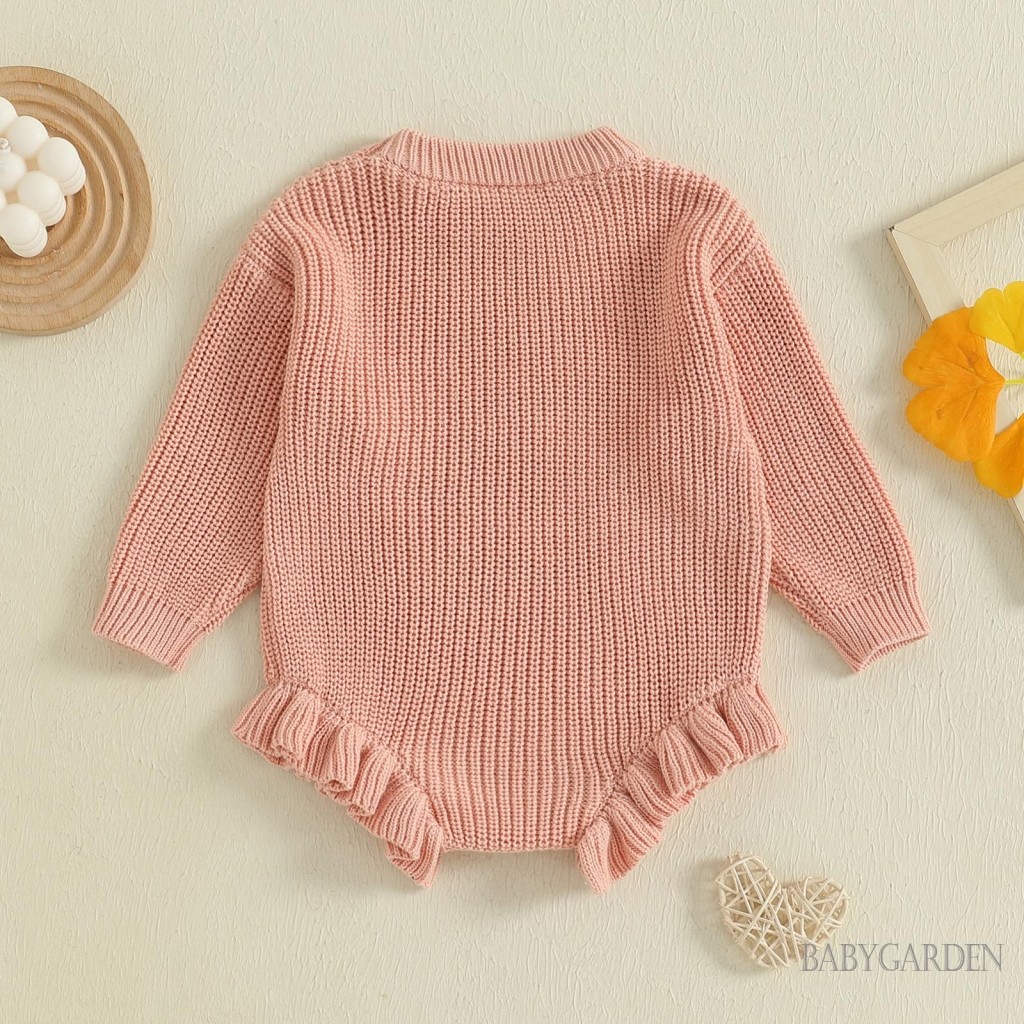 / / -Baby Bé Gái Áo Len Rompers Họa Tiết Chữ Ruffles Cổ Tròn Dài Tay Mùa Thu Body Jumpsuits