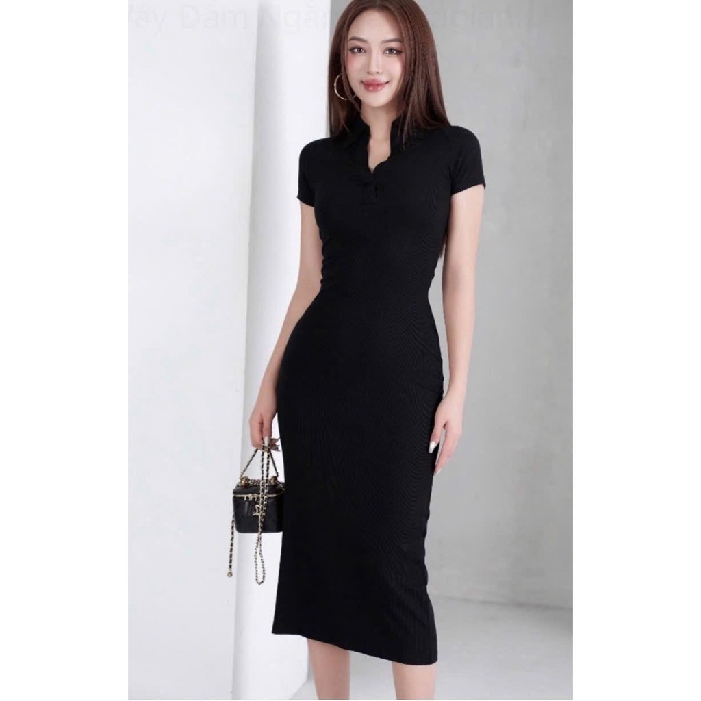 Váy đầm ngắn tay Ranglan Cổ Đức nữ Busy thun tăm co giãn ôm sát Nhung Women Đen mặc váy  trang