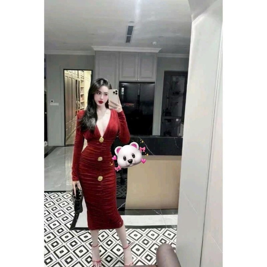 Đầm body dài tay cổ V đính 3 tab, thiết kế sang trọng cho tiệc và đi chơi - Chất liệu thun ladong