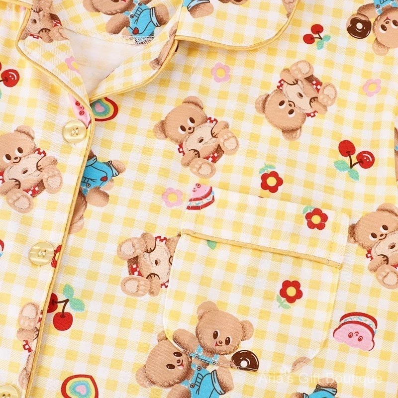 Bộ Đồ Ngủ Gấu Bông Cotton Nguyên Chất Cho Mùa Hè, Màu Vàng Kẻ Sọc Dễ Thương