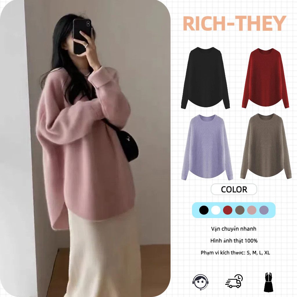 RICH-THEY Áo Len Chui Đầu Rộng Cổ Tròn Màu Trơn Hoàn Toàn Mới Dành Cho ...