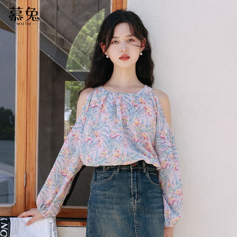Mutu Pháp Off-the-Shoulderneck Dài Tay Top Nữ Mùa Xuân 2026 Thiết Kế Phong Cách Mới Niche Slimer Nhìn Hoa Voan Áo Sơ Mi Rời Phù Hợp Với