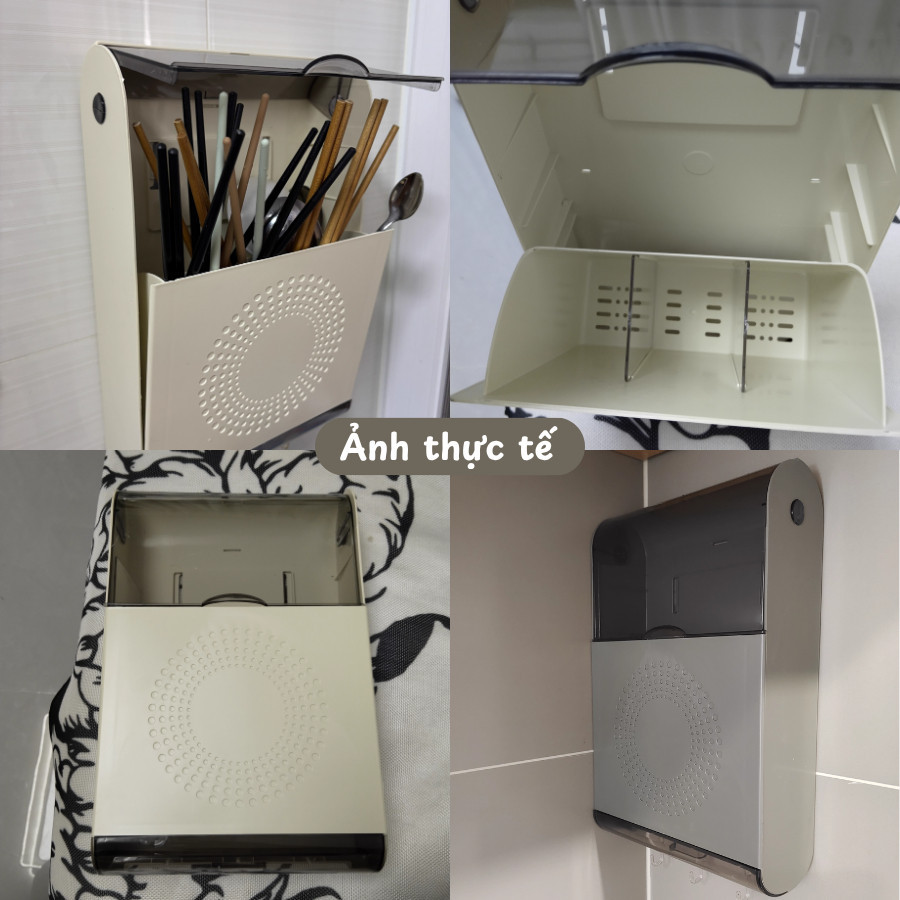 Hộp Đựng Muỗng Đũa Dán Tường Nhà Bếp DINO Có Nắp Chống Bụi Kèm Móc Treo Đồ Tiện Lợi Mẫu Vuông Sang Trọng