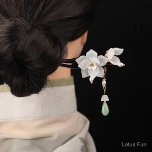 Handmade Ngọc Xoắn Kẹp Tóc Hoa Mun Kẹp Tóc Hanfu Trang Phục Cổ Kính Hoa Mộc Lan Cổ Điển Tính Khí Thanh Lịch Tua Rua Bước Hình Hanfu Sườn Xám Cuộn Dây