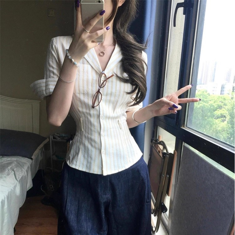 SUXI Áo sơ mi ngắn tay sọc nữ phong cách Hàn Quốc mới mùa hè 250731