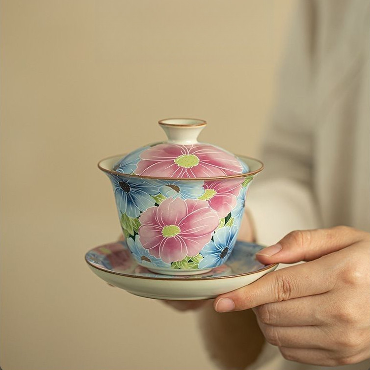 Ru Kiln Be Sancai Gaiwan Có Thể Treo Bộ Trà Kung Fu Thường Ngày Cốc Trà Gốm Giá Trị Cao Phong Cách Trung Hoa Mới Nam / Nữ Trà Cốc