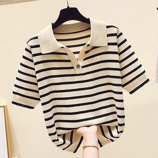 Rời Ôm Hơn Nhìn POLO Cổ Sọc Băng Lụa Đan Áo Thun Nữ Tay Ngắn Nút Mùa Hè Top