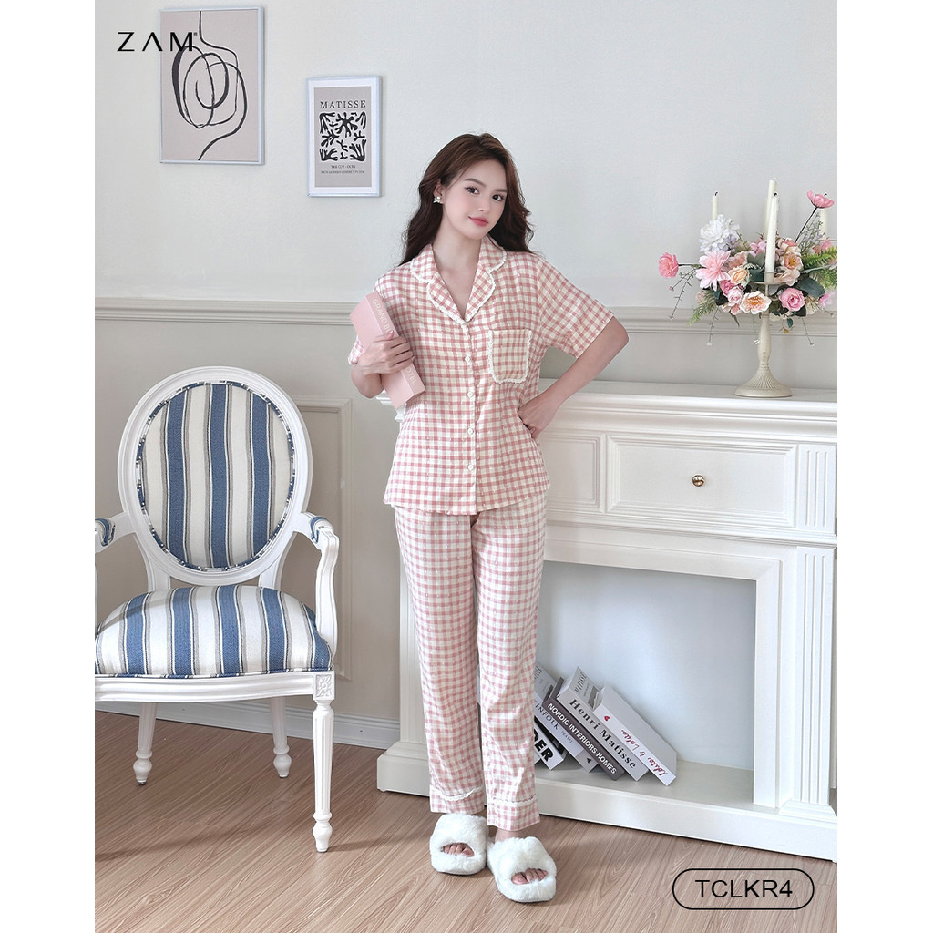 Ảnh BỘ MẶC NHÀ SHE BY ZAM - TCLKR - BỘ NGẮN TAY QUẦN DÀI KẺ VISCOSE PHỐI REN 3