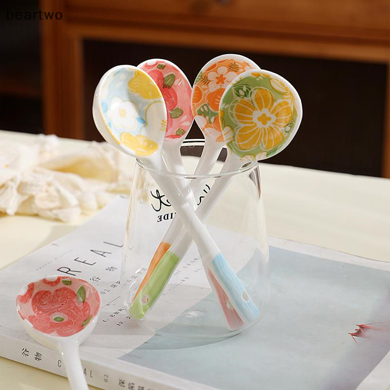< Beartwo > Muỗng Ăn Gốm Hoa Dễ Thương Hàn Quốc Kem Sơn Tay Cà Phê Món Tráng Miệng Tay Cầm Dài Thìa Đẹp Phụ Kiện Nhà Bếp
