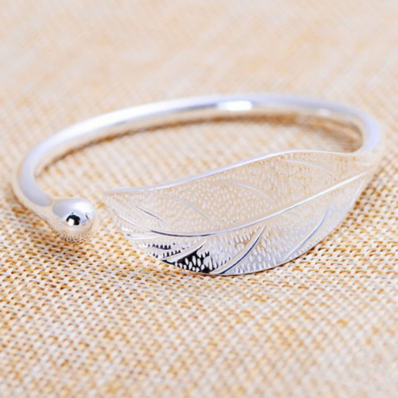 Urmylady Bạc 925 Người Phụ Nữ Vòng Tay Mở Hình Lá Có Thể Điều Chỉnh Charm Lắc Tay Trang Sức