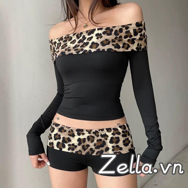 Bộ trang phục 2 món thường ngày dành cho nữ Áo Crop top in họa tiết da báo + Quần short