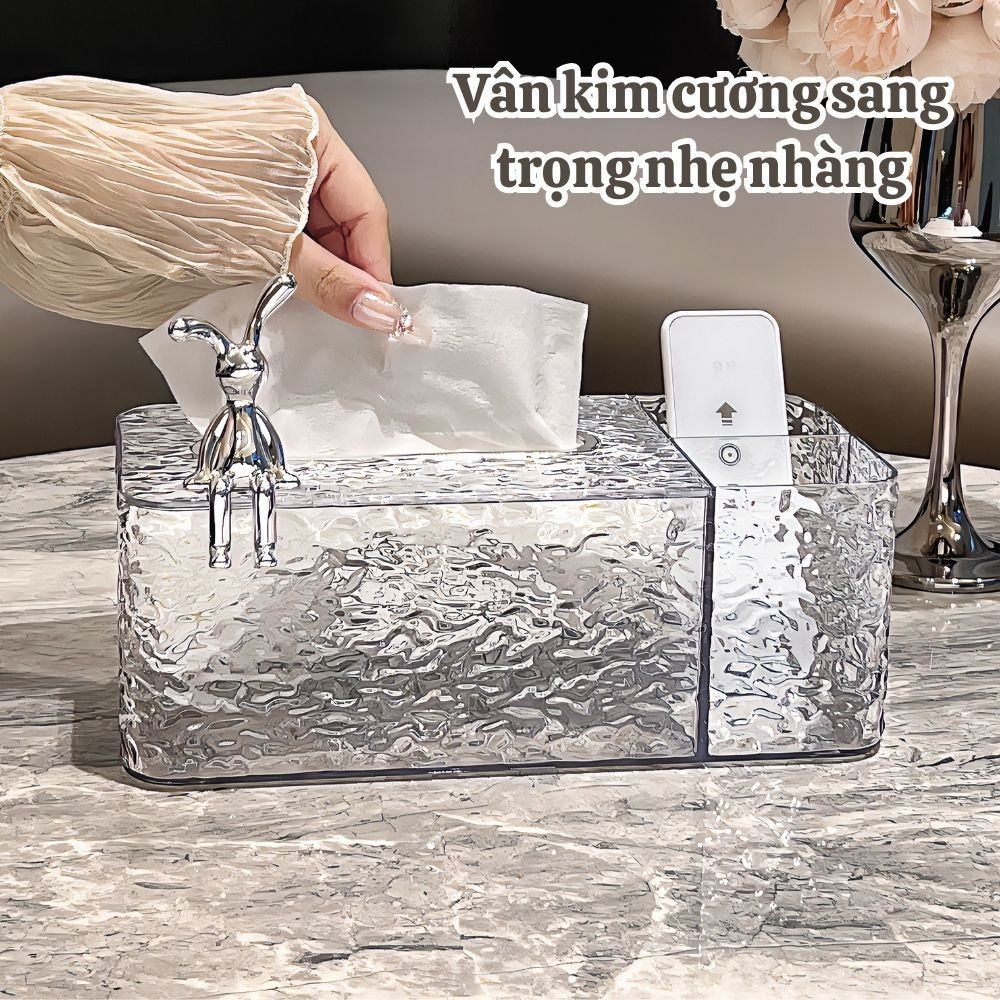 Hộp Đựng Khăn Giấy Vân Kim cương trong suốt kèm khay đựng đồ để bàn họa tiết thỏ sang trọng