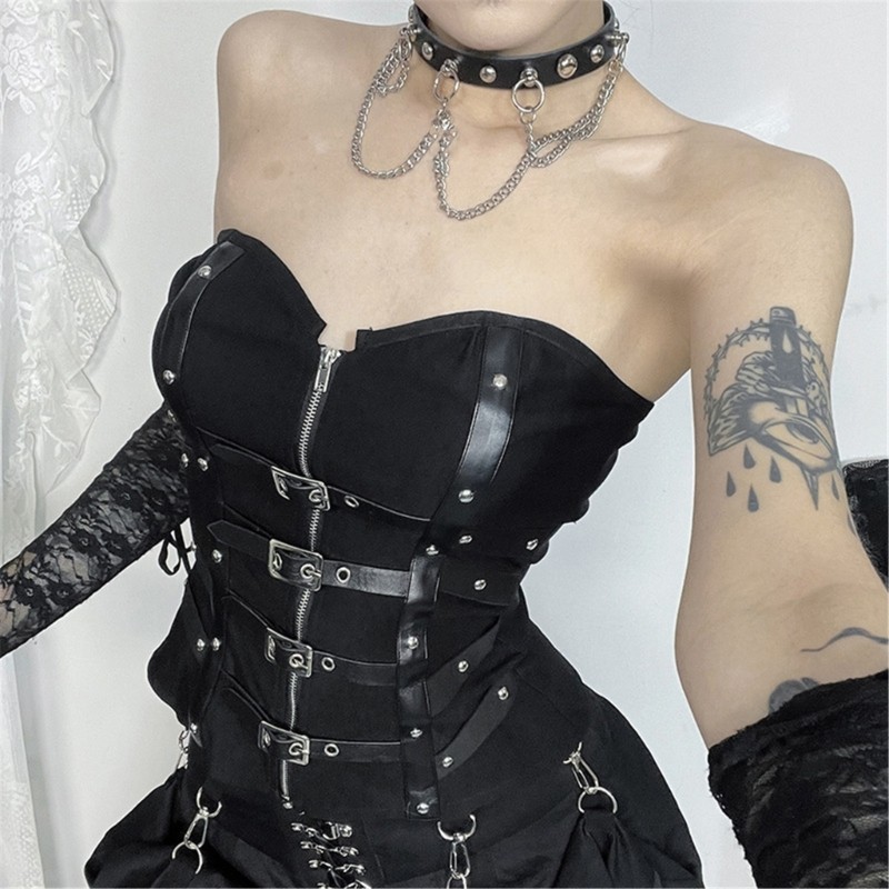Fl Fish Bone Strapless Tube Top có khóa kéo bằng da Corset Vest dành cho nữ