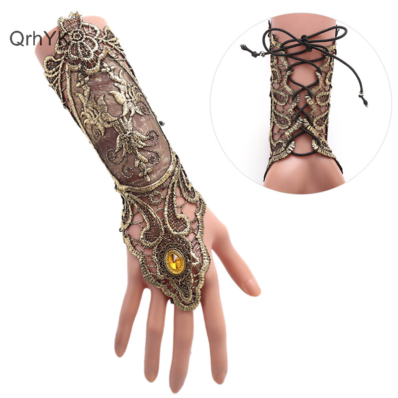Găng tay ren Gothic Steampunk không ngón, vòng tay vàng đen, ấm cánh tay