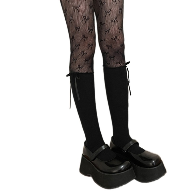 Dasbsug Nữ Nơ Dài Tất Rỗng Chắp Vá Fishnet Quần Tất Vớ