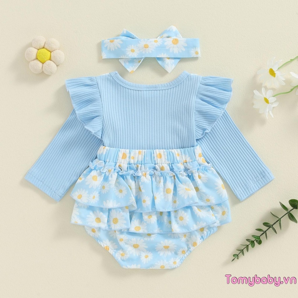 Bộ áo liền quần dài tay có gân mùa thu cho bé gái + Bộ băng đô